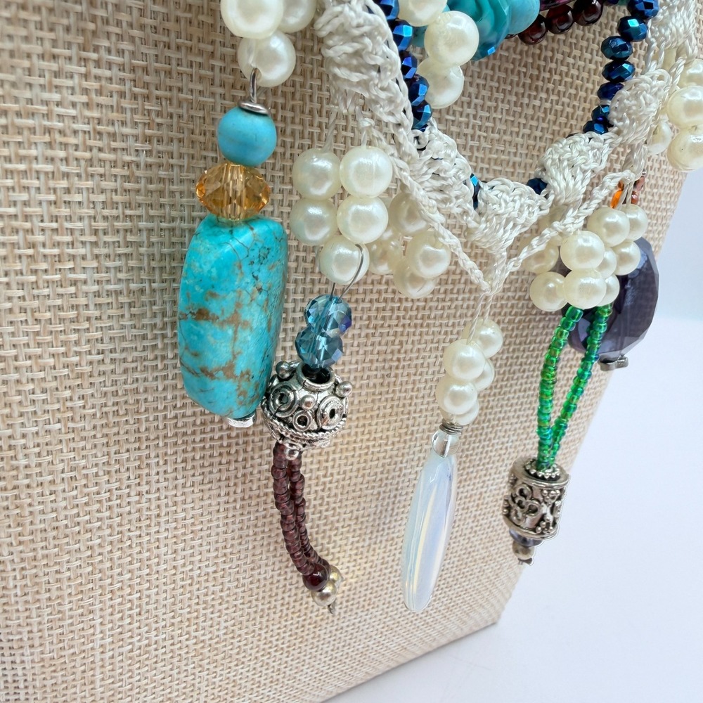 Vintage Y2K Multi Strand Beaded Turquoise Pearl Necklace Boho Statement Jewelry - Picture 8 of 14